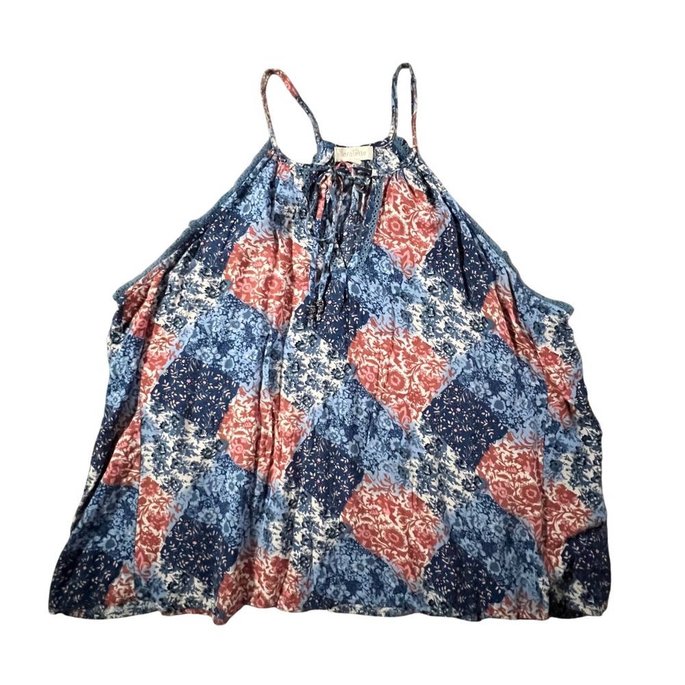 Loralette Cami Tank Top Women 1X Blue Patchwork Floral Halter Boho Rayon